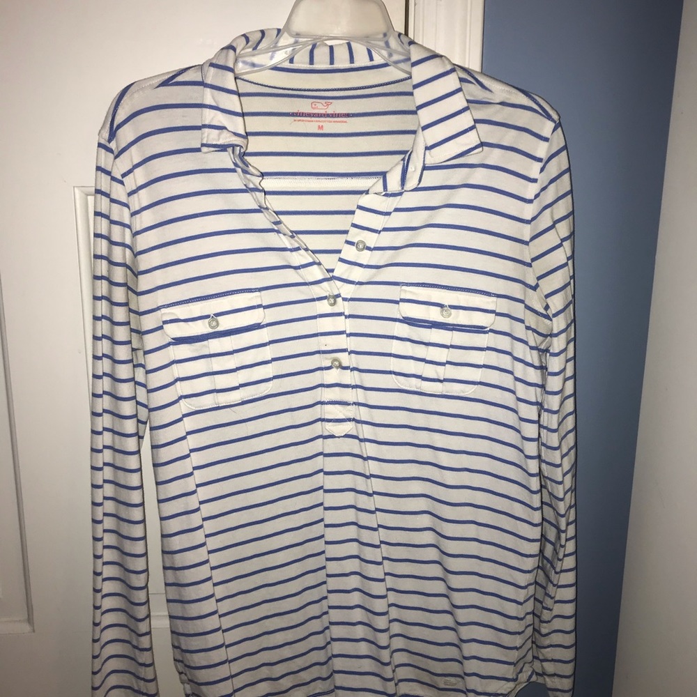 Blue and white striped long sleeve button down.